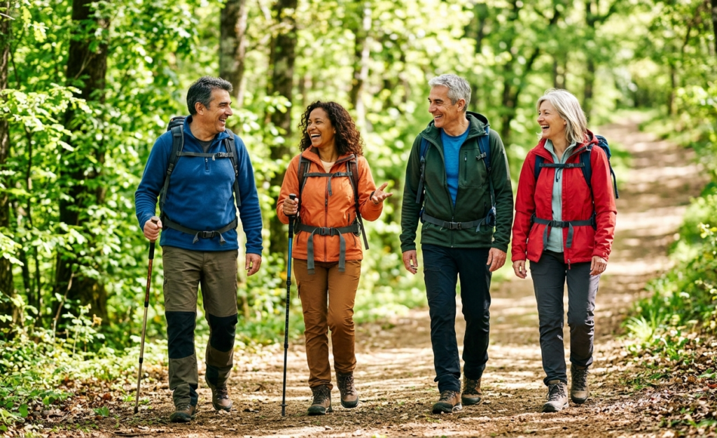 Groupe d'amis actifs de 50 ans souriants lors d'une randonnée en forêt, illustrant la vie sociale des seniors