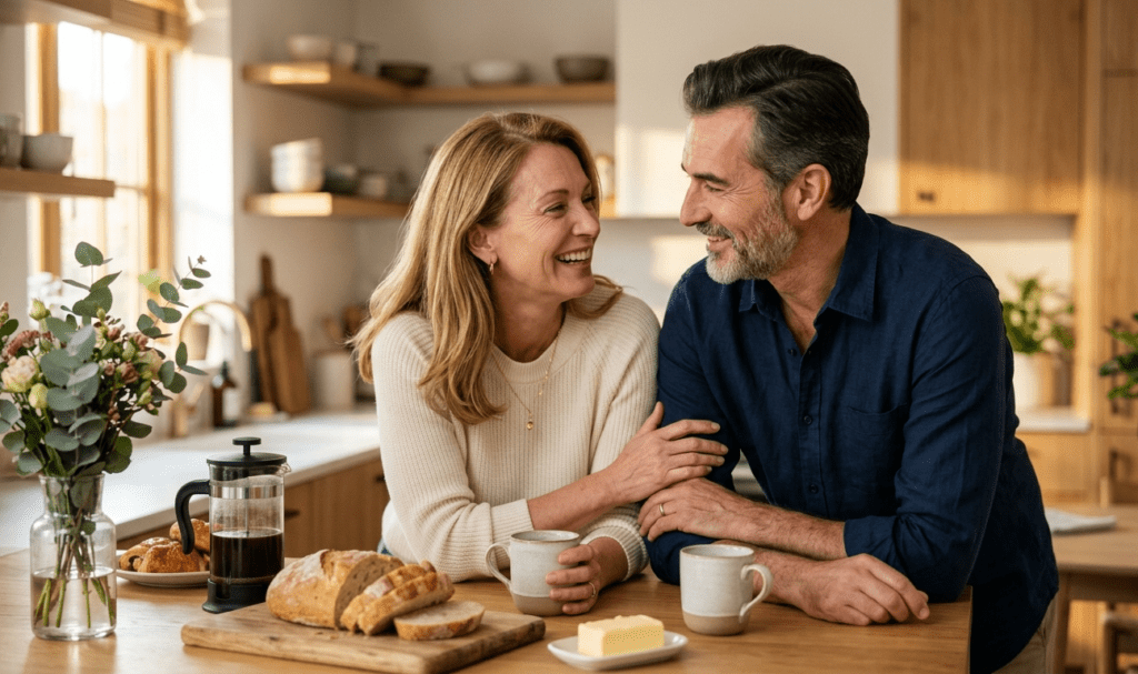 homme et femme de 50 ans partageant un moment de complicité intime et de communication dans leur cuisine