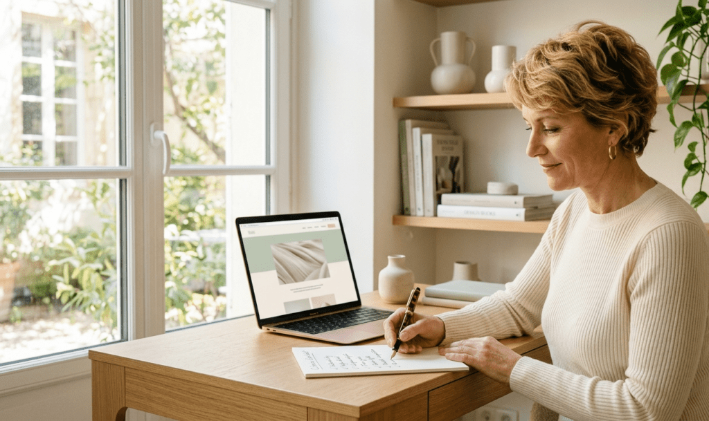 Femme de 50 ans souriante et sereine prenant des notes devant son ordinateur, choisissant avec soin sa plateforme de rencontre