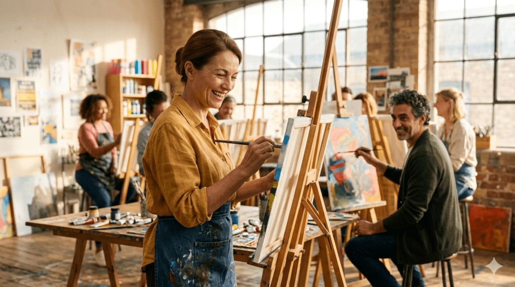 Femme de 50 ans épanouie et souriante dans un atelier de peinture partagé, nouvelle activité créative