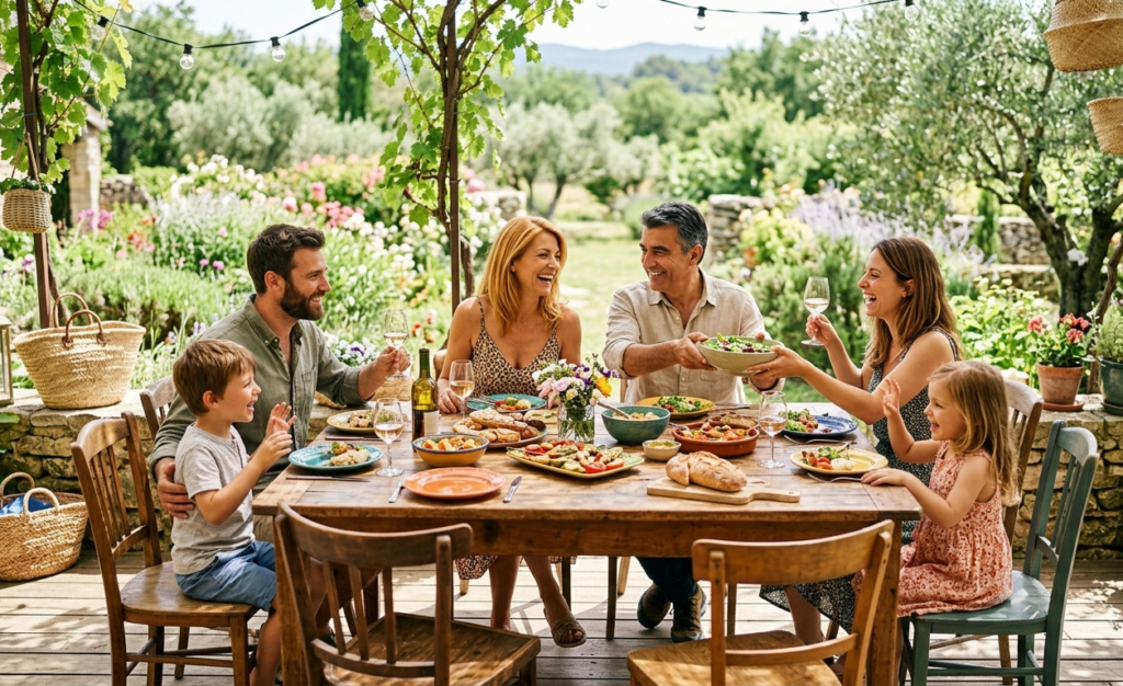 Repas de famille chaleureux sur une terrasse ensoleillée avec un couple de 50 ans épanoui, leurs enfants et petits-enfants