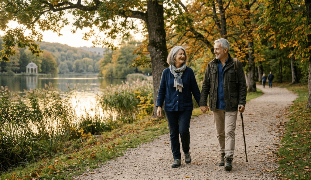 couple de sexagénaires complices se promenant après une rencontre sur NetSenior