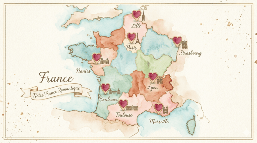 Carte de France illustrée à l'aquarelle avec des cœurs sur les grandes villes pour les célibataires de 50 ans et plus