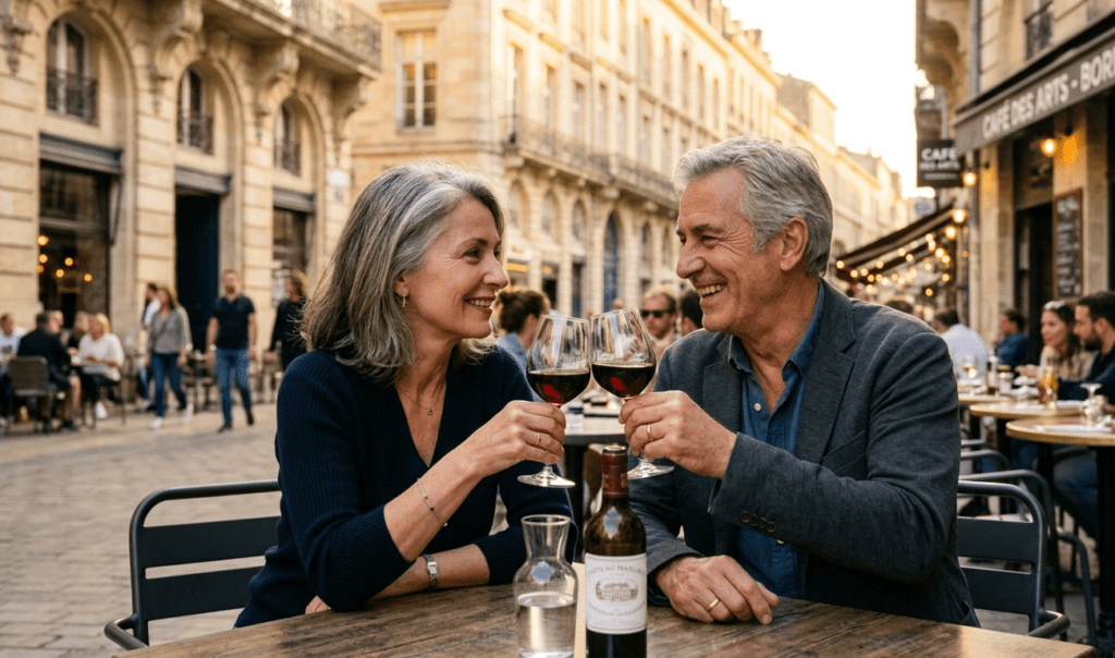 deux seniors trinquant en terrasse à Bordeaux après une rencontre sur NetSenior