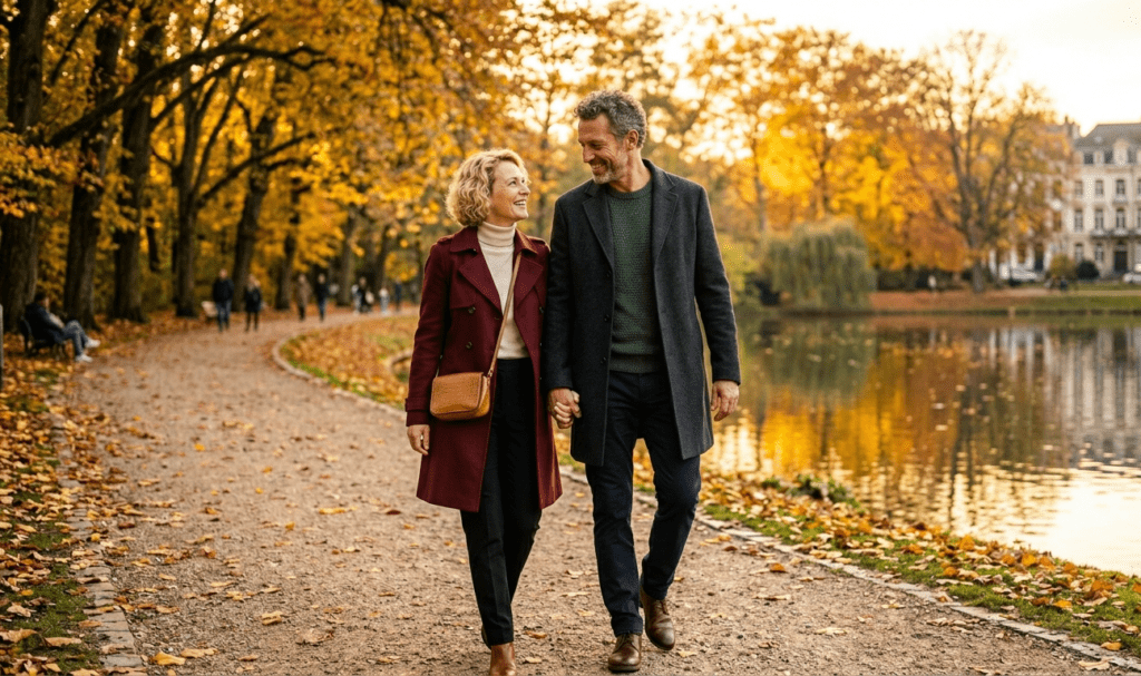 rencontre senior à Bruxelles : deux seniors marchant au bois de la Cambre en automne