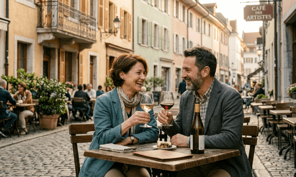 deux seniors discutant en terrasse dans la vieille ville de Genève après une rencontre sur NetSenior