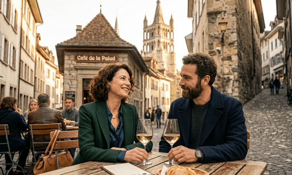 rencontre senior à Lausanne : deux célibataires de plus de 50 ans partageant un verre en terrasse dans la vieille ville près de la cathédrale