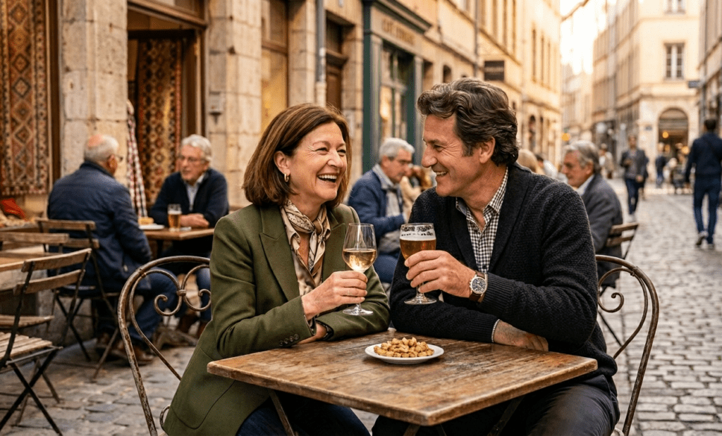 deux seniors discutant en terrasse à Lyon après une rencontre sur NetSenior
