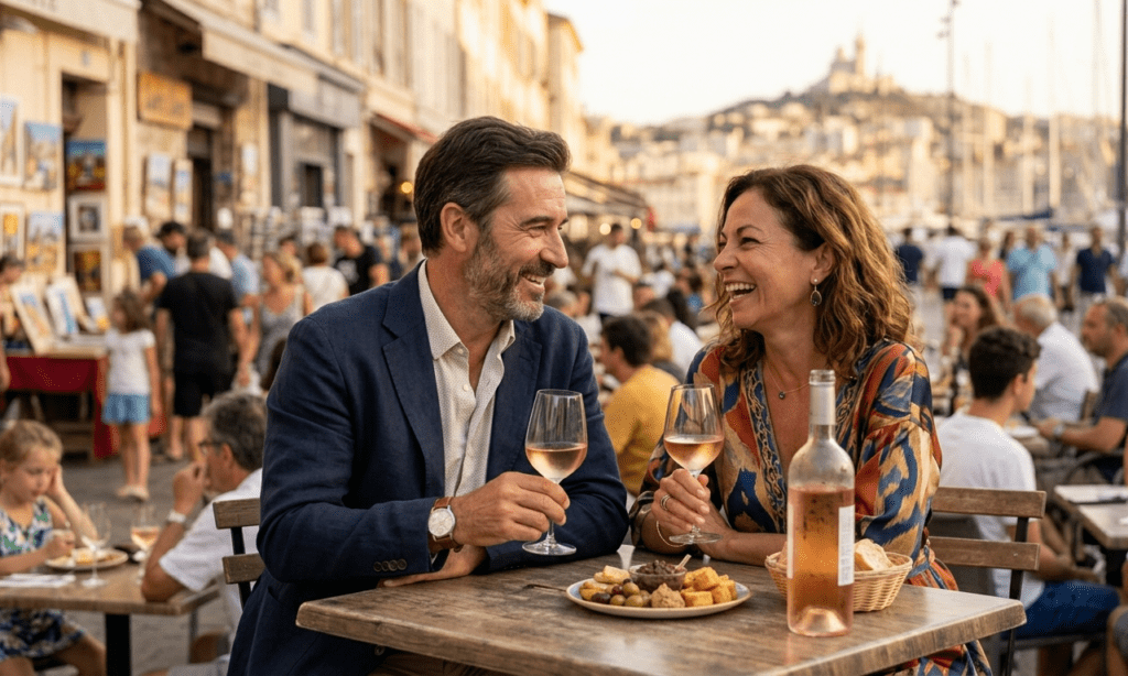 deux seniors discutant en terrasse à Marseille après une rencontre sur NetSenior