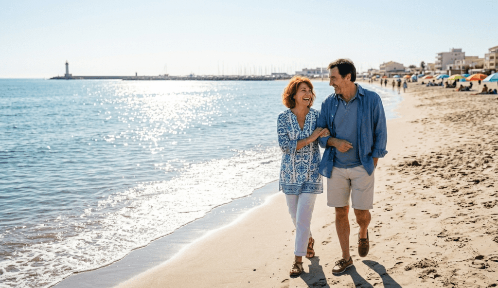 rencontre senior à Montpellier : couple en balade au bord de la mer à Palavas-les-Flots