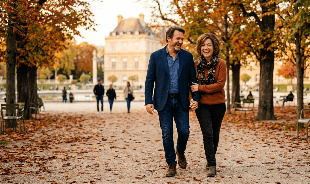 deux seniors se promenant dans un parc parisien après une rencontre sur NetSenior