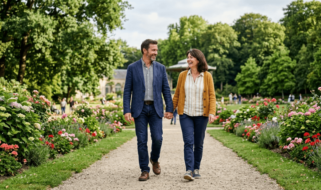 deux seniors se promenant au parc du Thabor à Rennes après une rencontre sur NetSenior