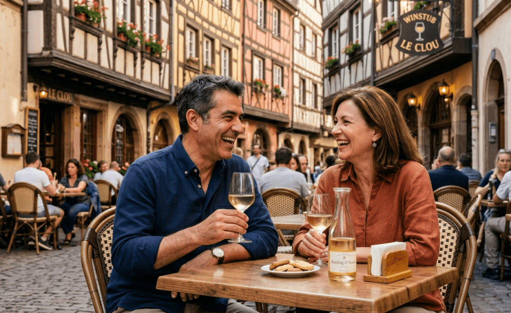 deux seniors discutant en terrasse d'une winstub à Strasbourg après une rencontre sur NetSenior