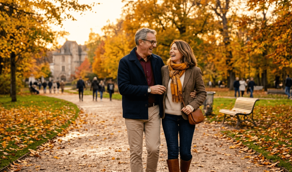 couple de seniors se promenant après s'être rencontrés sur un site de rencontre senior gratuit