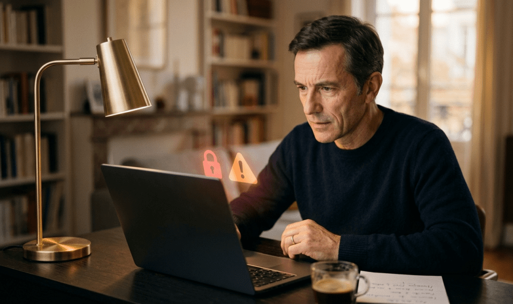 Homme de 50 ans attentif et vigilant devant son écran d'ordinateur pour naviguer en toute sécurité sur internet
