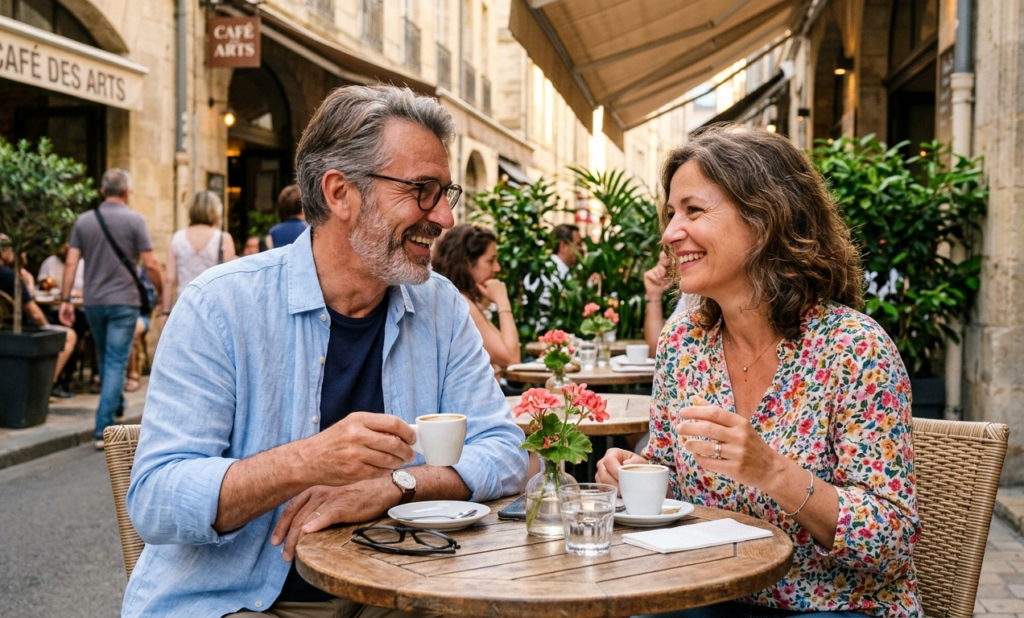 deux seniors se rencontrant autour d'un café après avoir discuté sur le tchat senior