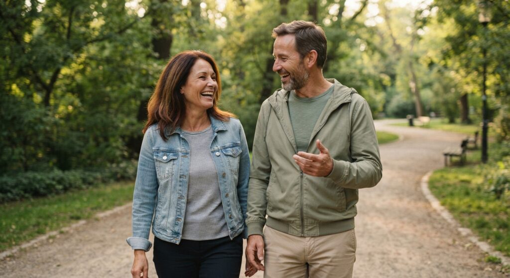 Deux seniors se promènent et discutent, une amitié née d'une sortie